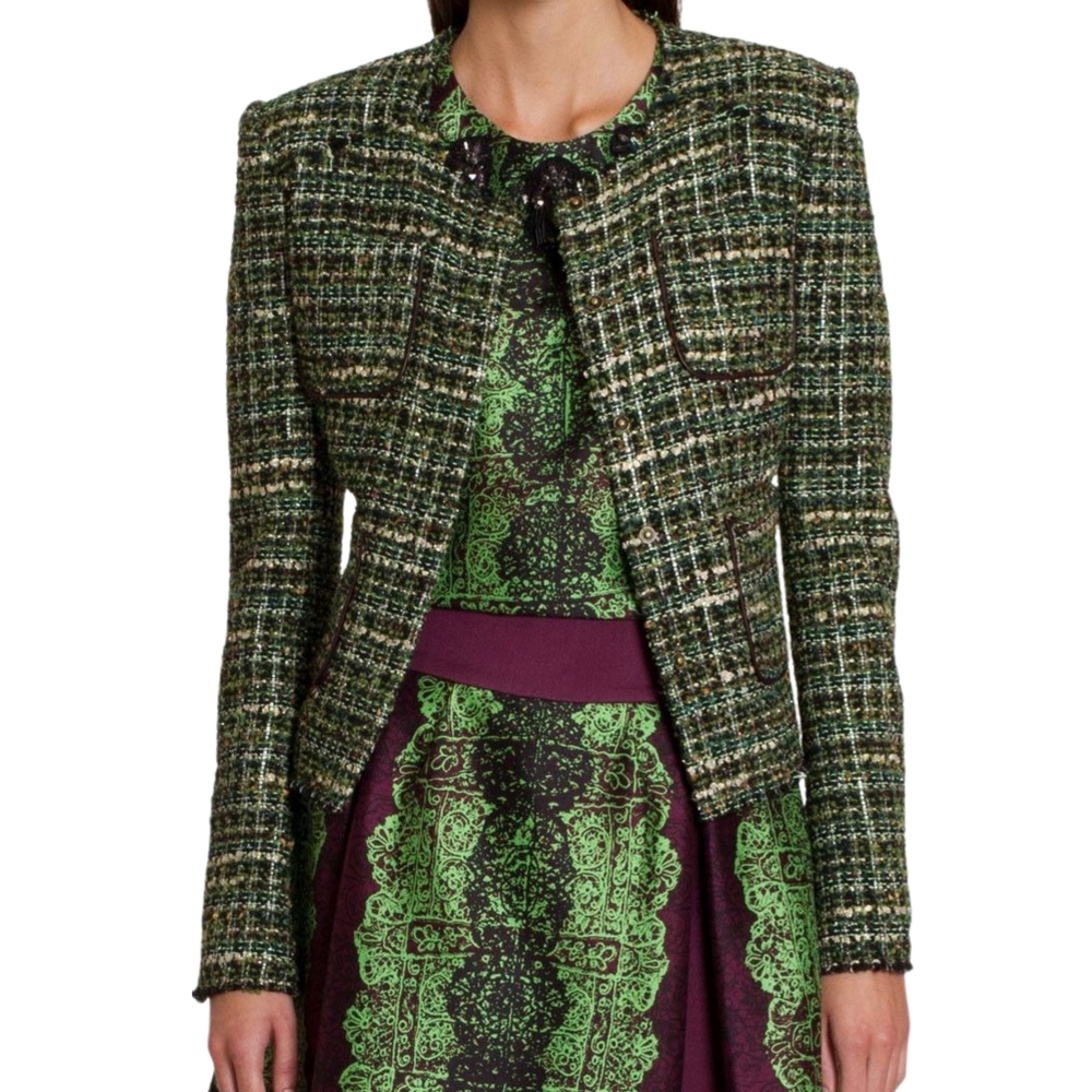 Marissa Webb Green Brown Gold Metallic Tweed Jacket Leather Trim *EUC* Sz 8